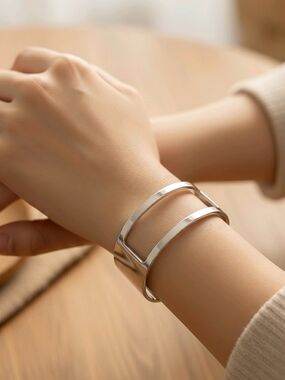 NWT Polished Silver Open Double-Bar Cuff Bracelet -7/8" Wide